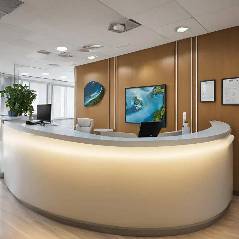 Sleek medical office reception area remodeled by ALC Builders